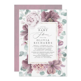 Small Mauve Flowers And Greenery Elegant Baby Shower Invitation Front View