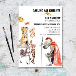 Small Medieval Knight Dragon Castle Watercolor Birthday Invitation Front View