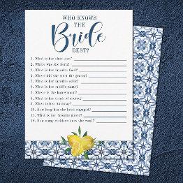 Small Mediteranean Blue Tile Lemon Bridal Shower Game Invitation Front View