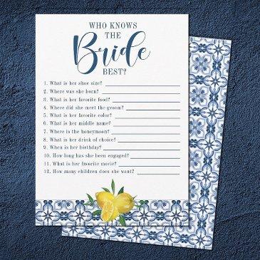 mediteranean blue tile lemon bridal shower game invitation