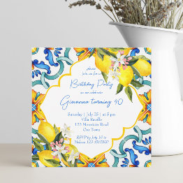 Small Mediterranean Majolica Tiles Lemons Birthday Party Invitation Front View
