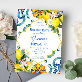 Small Mediterranean Majolica Tiles Lemons Birthday Party Invitation Front View