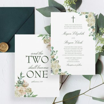 megan white roses greenery christian wedding invitation
