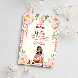 Small Mehndi Indian Wedding Cute Bride In Ivory Pink Invitation Front View