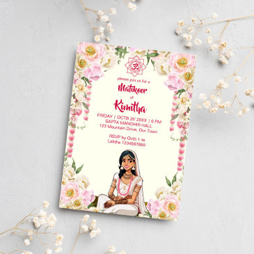mehndi indian wedding cute bride in ivory pink invitation