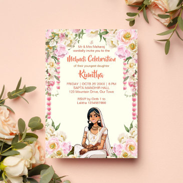 mehndi indian wedding cute bride in pink invitation