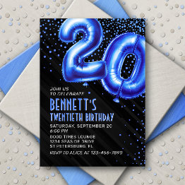 Small Mens Blue 20th Birthday Invitation Front View