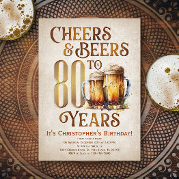 Small Mens Cheers & Beers Funny 80th Birthday Invitation Front View