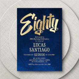 Small Men's Navy Gold 80th Birthday Invitation Front View