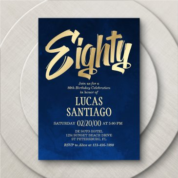 men's navy gold 80th birthday invitation
