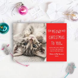 Small Meowy Christmas Red Funny Cat Photo Holiday Invitations Front View