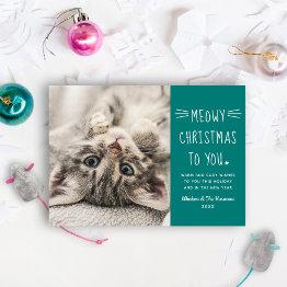 Small Meowy Christmas Teal Green Funny Cat Photo Holiday Invitations Front View