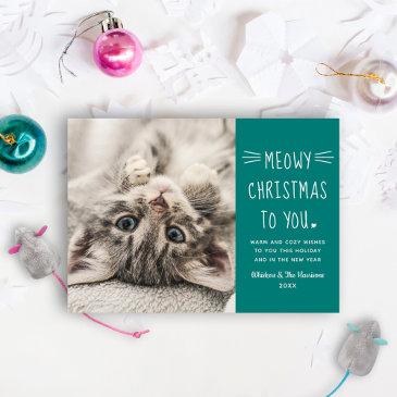 meowy christmas teal green funny cat photo holiday invitations