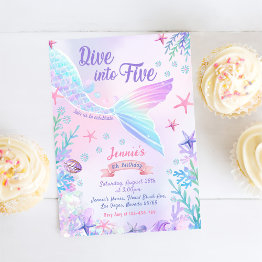 Small Mermaid 5th Birthday Dive To Five Party Invitation Front View