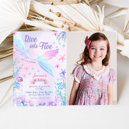 Small Mermaid 5th Birthday Dive To Five Party Photo Invitation Front View