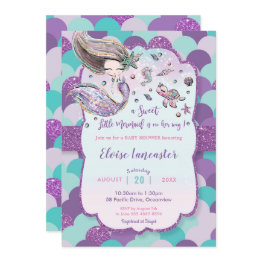 Small Mermaid Baby Shower Girl Under The Sea Purple Invitation Front View