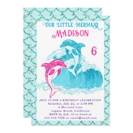 Small Mermaid Dolphin Blue Sea Ocean Aqua Birthday Party Invitation Front View