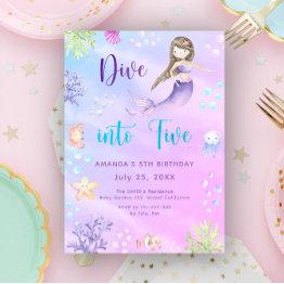 Small Mermaid Girl Dive Into Five 5th Birthday Party Invitation Front View