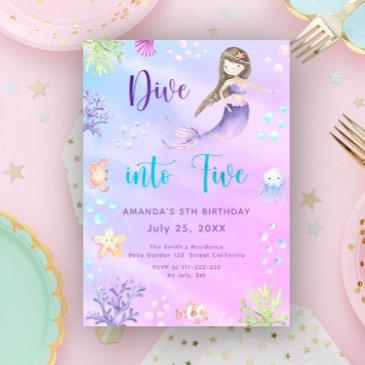 mermaid girl dive into five 5th birthday party invitation