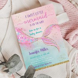 Small Mermaid Pink Gold Baby Shower Invitation Front View