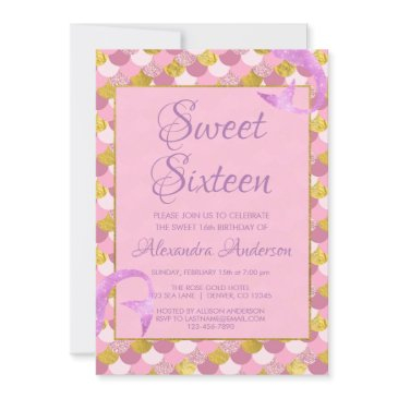 mermaid purple, pink and gold sweet 16 birthday invitation