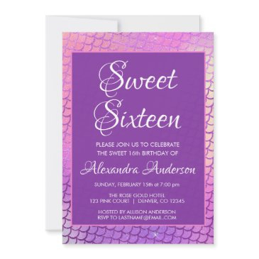 mermaid purple scales & sparkle sweet 16 birthday invitation
