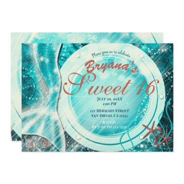 mermaid tail under the sea sweet 16 teal birthday invitation