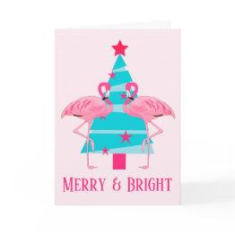 Small Merry And Bright Pink Flamingo Beach Christmas Holiday Invitations Front View