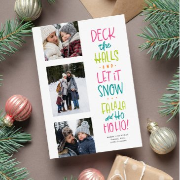 merry bright fun colorful three photo christmas holiday invitations
