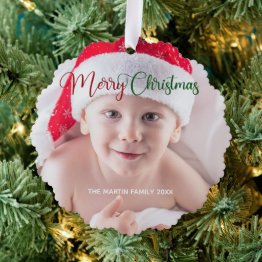 Small Merry Christmas Cute Custom Baby Photo 2 Sided Ornament Invitations Front View