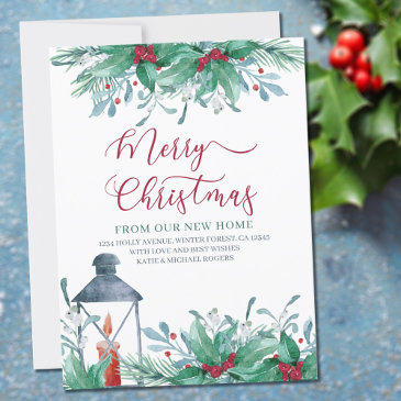 merry christmas from new home watercolor holly announcement