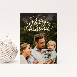 Small Merry Christmas Hand-lettered Photo Foil Holiday Invitations Front View