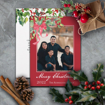 merry christmas holly and berry greenery photo holiday invitations