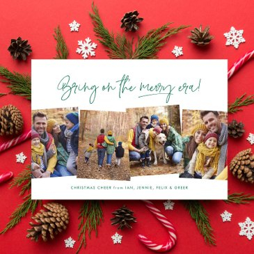 merry era funny four photo green christmas holiday invitations