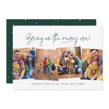 merry era funny four photo green christmas holiday invitations