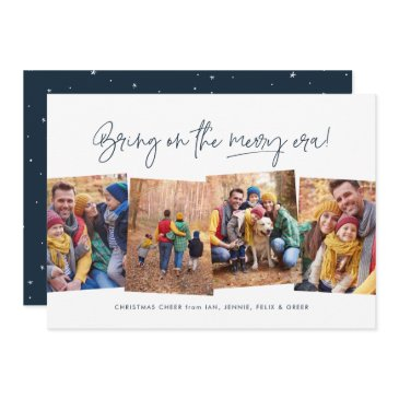 merry era funny four photo navy blue christmas holiday invitations