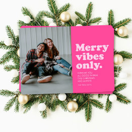 Small Merry Vibes Only Fun Retro Hot Pink Christmas Holiday Invitations Front View