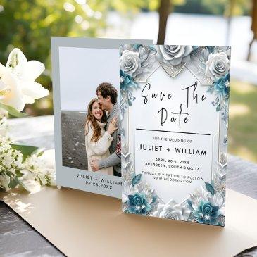 metal glam shiny high end silver wedding save the date