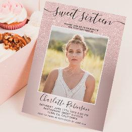 Small Metallic Rose Gold Glitter Ombre 3 Photos Sweet 16 Invitation Front View