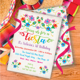 Small Mexican Fiesta Birthday Party With Embroidery Invitation Front View