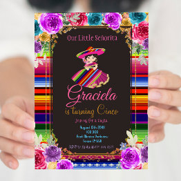 Small Mexican Flowers Fiesta Birthday Gold Girl  Invitation Front View