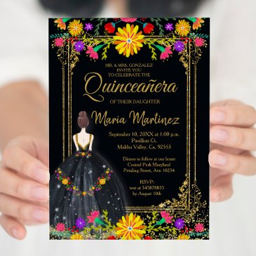 mexican flowers with gold black quinceañera invitation