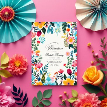 mexican folk art floral quinceañera photo invitation