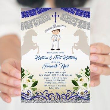 mexican navy blue boy baptism and birthday  invitation