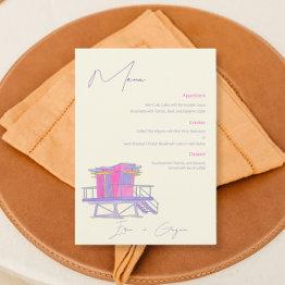 Small Miami Beach Watercolor Wedding Menu Front View