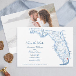 Small Miami Florida Wedding Elegant Navy Map Save The Date Front View