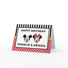 Small Mickey And Minnie Mouse - Twins Birthday Invitations Front View