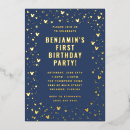 Small Mickey Mouse Confetti Boy's Frist Birthday Foil Invitation Front View