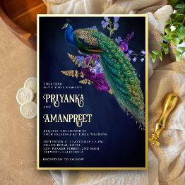 Small Midnight Blue Purple Floral Indian Peacock Wedding Foil Invitation Front View