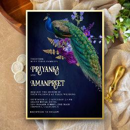 Small Midnight Blue Purple Floral Indian Peacock Wedding Foil Invitation Front View